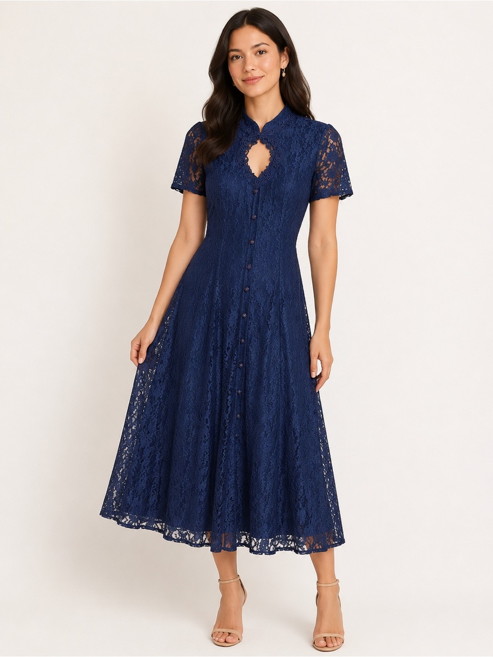 Whimsigoth Navy Lace Cutout Maxi Dress Flutter Sleeve Button Down Witchy Gothic